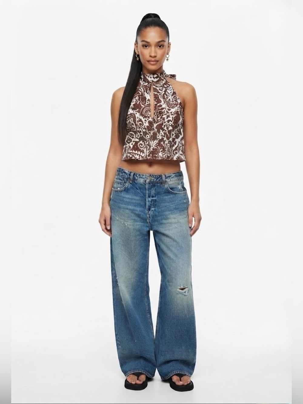 NWT Zara Brown & White Paisley Print Eyelet Halter Top Size XSMALL